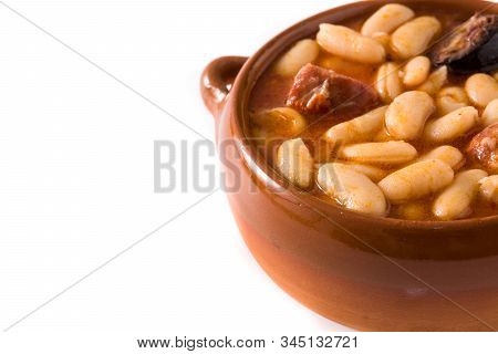 Typical Spanish Fabada Asturiana Isolated On White Background.  Copy Space