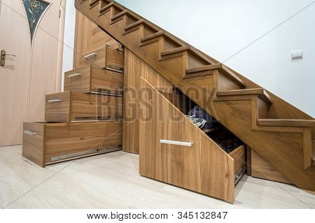 Modern Architecture Interior With Luxury Hallway With Glossy Wooden Stairs In Multi-storey House. Cu