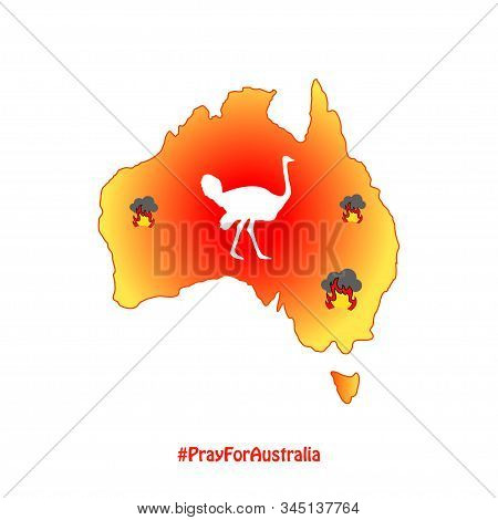 Map Of Australia In Fire With A Silhouette Of Ostrich.