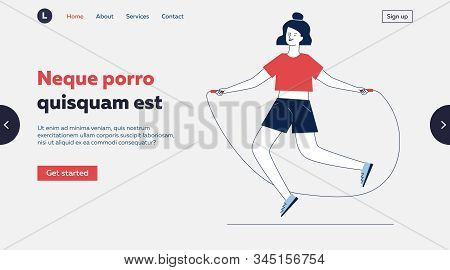 Sporty Girl Warming Up Before Training Jumping Rope. Woman Jumping Rope Flat Vector Illustration. Li
