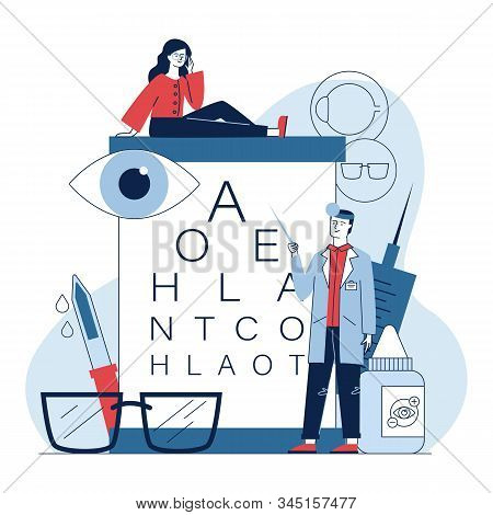 Male Ophthalmologist Checking Woman Eyesight. Female Patient In Glasses Sitting On Eye Chart Flat Ve