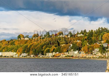 A View Of Condos At Alki Beach And The West Seattle Skyline.