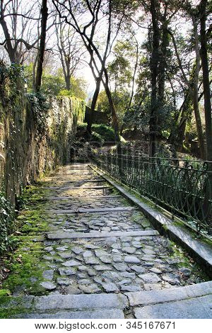 Oporto, Portugal- January 6, 2020: Stone Staircase In The Beautiful And Idyllic Crystal Palace Garde