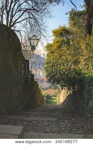 Oporto, Portugal- January 6, 2020: Stone Staircase In The Beautiful And Idyllic Crystal Palace Garde