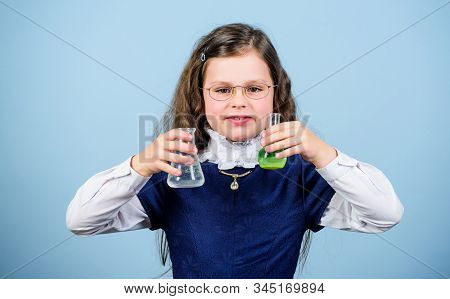 Science Research In Lab. Small Genius Girl. Education And Knowledge. Back To School. Small Girl Scie