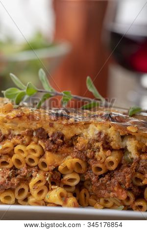 Closeup Of Greek Pastizio Noodle Dish With Cheese