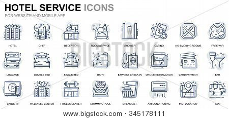 Simple Set Hotel Services Line Icons For Website And Mobile Apps. Contains Such Icons As Luggage, Re
