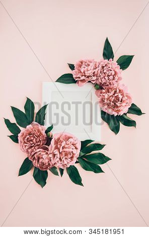 Delicate Composition With Wooden Photo Frame With White Blank Canvas And Muted Pink Peony Flowers Wi