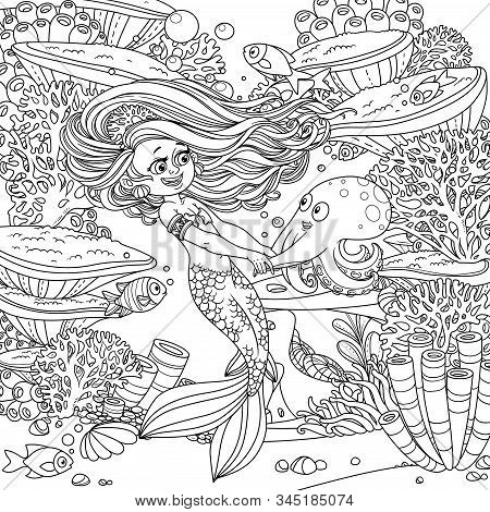 Cartoon Little Mermaid Girl Dancing With An Octopus On Underwater World With Corals,  Actinia And Fi