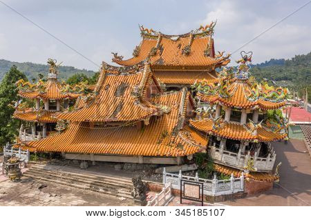 Nantou, Jiji, Taiwan - September 14th, 2019: aerial view of ruins of Wuchanggong temple when earthquake at september 21, 1999