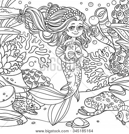 Cartoon Little Mermaid Girl Dancing With An Octopus On Underwater World With Corals,  Actinia And Fi