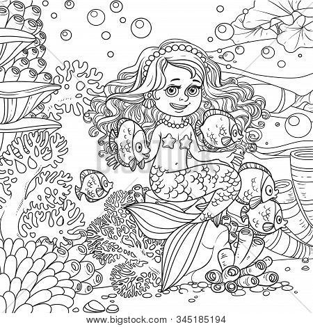 Cartoon Little Mermaid Girl Dancing With An Octopus On Underwater World With Corals,  Actinia And Fi