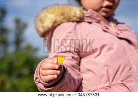 Little Girl Rockhounding Holding Magical Yellow Crystal During Golden Hour Sunset.