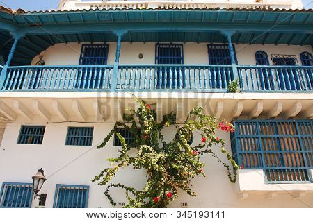 Detail Of A Colonial House. Typical Balcony. Spanish Colonial Home. Cartagena De Indias, Colombia.