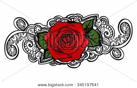 Red Roses Contour Line Art Doodle Ornament Element Design, Black And White Indian Mehndi Tatoo Eleme