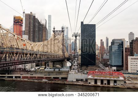 Ed Koch Queensboro Bridge From Manhattan To Queens And Famous Roosevelt Island Cable Tramway. Shot M