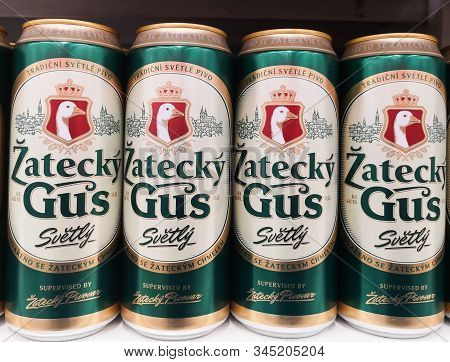 Aluminium Cans Of Beer Zatecky Gus For Sale At Ashan Shopping Center On December 25, 2019 In Russia,