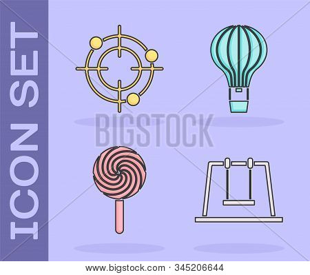 Set Swing, Target Sport For Shooting Competition, Lollipop And Hot Air Balloon Icon. Vector