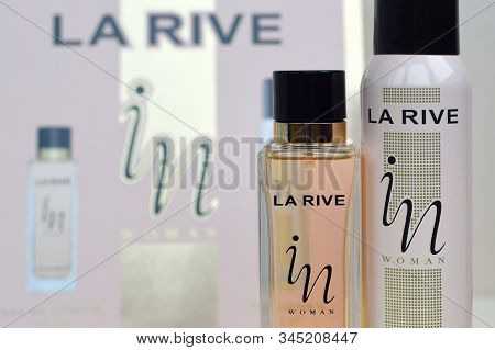 La Rive In Woman Deodorant And Perfume Bottles On Prefume Box Background. La Rive S.a. Is One Of The