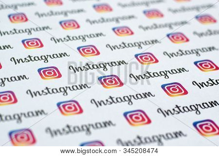 Instagram Pattern Printed On Paper With Small Instagram Logos And Inscriptions. Instagram Is America