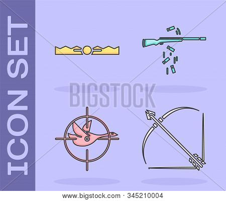 Set Bow And Arrow In Quiver, Trap Hunting, Hunt On Duck With Crosshairs And Gun Shooting Icon. Vecto