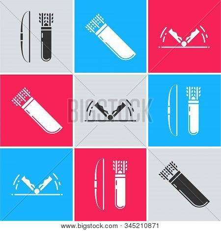 Set Bow And Arrow In Quiver, Quiver With Arrows And Trap Hunting Icon. Vector