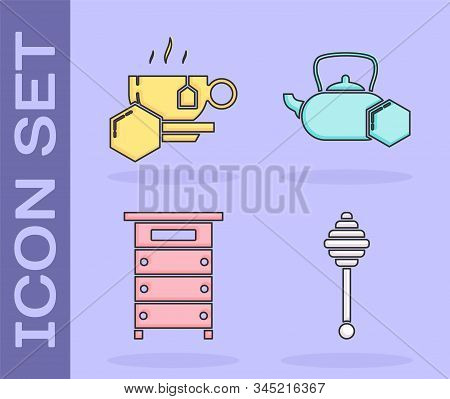 Set Honey Dipper Stick, Cup Of Tea With Honey, Hive For Bees And Tea Kettle With Honey Icon. Vector
