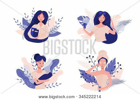 Woman Lifecycle Stages From Studying To Aging. Female Chracter In Different Life Situations, Study, 