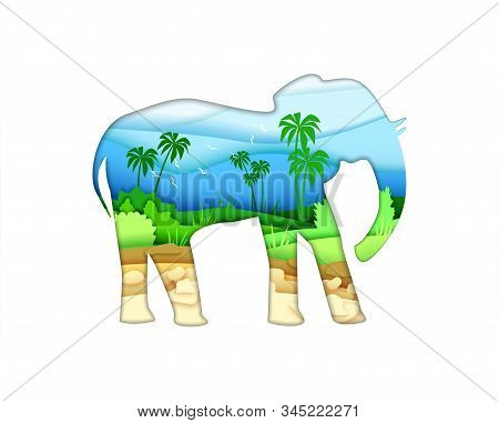 Elephant Animal Silhouette Isolated On White Background. Vector Illustration Design In Paper Cut Sty