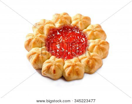 Traditional Flower Shaped Berry Jam Cookie Kurabye Or Curabier Close-up Isolated On White Background