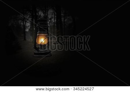 Vintage Kerosene Oil Lantern Lamp Burning With A Soft Glow Light In An Dark Forest / Wood. Light In 