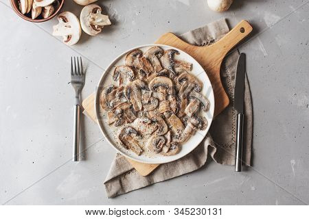 Stewed Mushrooms In Sour Cream With Portulak.fresh Mushroom Stew With Vegetables.