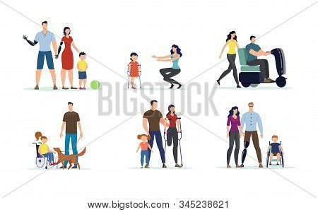 Disabled People, Children And Family Members With Disabilities Isolated, Trendy Flat Vector Characte