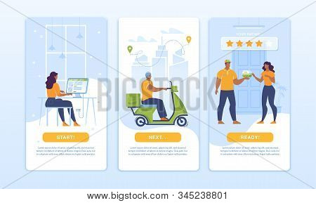 Food Delivery Mobile Application Homepage Ui Design Set. Shipment Process On Pages Kit. Ordering Set
