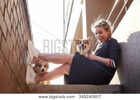 Pretty Funny Girl With Small Nice Dog Big Wall Of City House In A Sunny Day