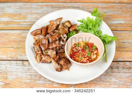 Entrails Intestines Part Of Pork Asian Thai Food / Roasted Pork Chitterlings With Chilli Sauce Spicy