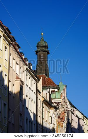Historic Facade Of The Baroque Asam Church, Asamkirche In Munich, Germany