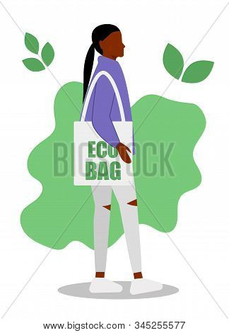 An African-american Young Girl In Versatile Clothing Goes With A Bag Of Organic Products, Non-gmo, O