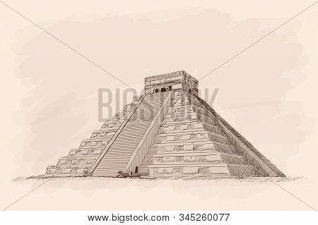 Aztec Stone Pyramid With Steps. Pencil Sketch On A Beige Background.