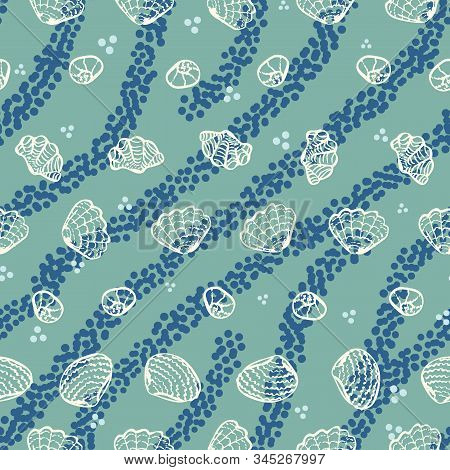 A Seamless Vector Pattern With White Sea Shells And Blue Stripes On A Aqua Green Background. Marine 