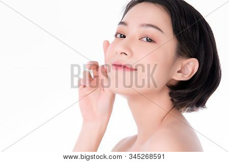 Portrait Beautiful Young Asian Woman Clean Fresh Bare Skin Concept. Asian Girl Beauty Face Skincare 