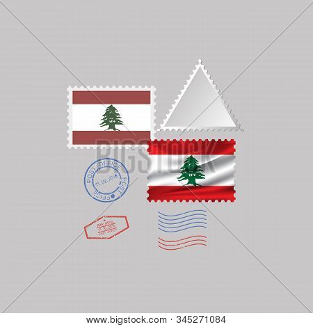 A Set Of Postage Stamps With The Image Of The Flag Of Lebanon Isolated On A Gray Background. 10 Eps