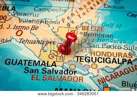 Prague, Czech Republic - January 12, 2019: Red Thumbtack In A Map. Pushpin Pointing At Ciudad De Gua