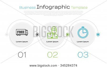 Set Line Free Delivery Service , Delivery Man With Cardboard Boxes  And Stopwatch . Business Infogra
