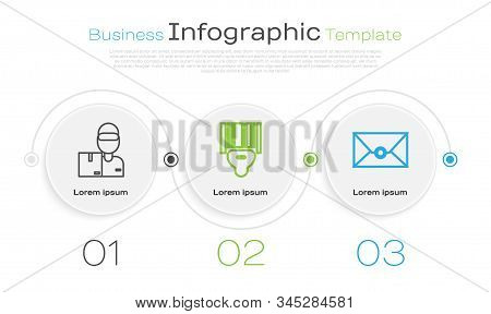 Set Line Delivery Man With Cardboard Boxes , Scanner Scanning Bar Code  And Envelope . Business Info