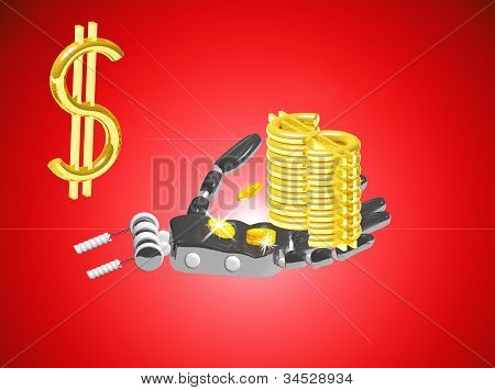 Robot hånd med mønter og Dollars