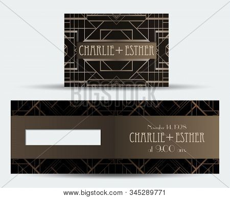 Art Deco Vintage Invitation Template Design With Illustration Of Flapper Girl. Patterns And Frames. 