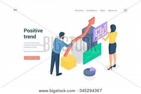 People Working With Rising Statistic Data Isometric Vector Illustration.