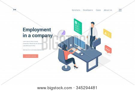 Office Employees Working In Company Isometric Vector Illustration.