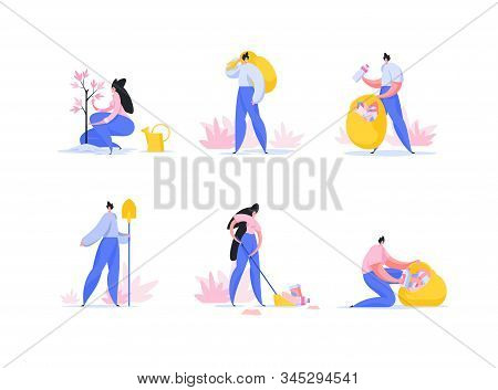 Volunteer Work, Park Greening Flat Vector Illustrations Set